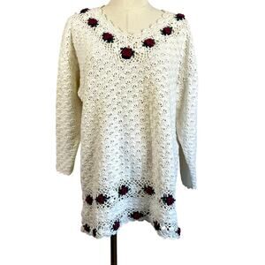 Vintage 80’s 90’s White Crochet Rose Rosette Cottagecore Grandma Tunic Sweater M
